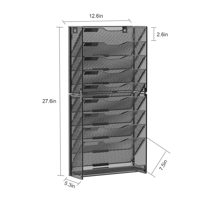 samstar 10 Tier Wall File Organizer, Hanging Wall Mount File Holder Paper Folder Mail Organizer, Mesh Metal, Black. - Image 3