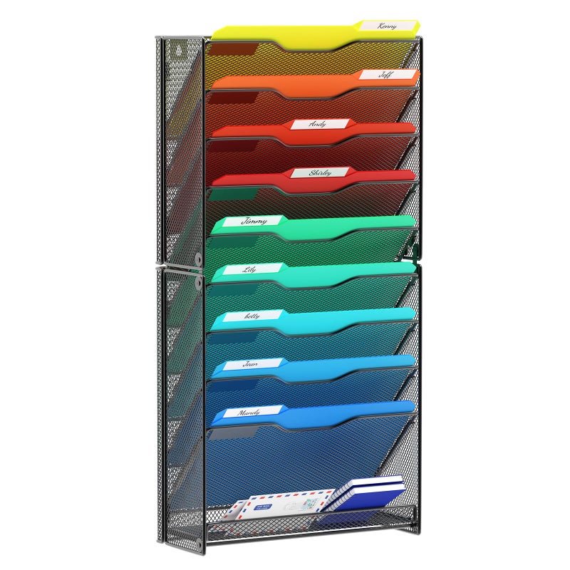 samstar 10 Tier Wall File Organizer, Hanging Wall Mount File Holder Paper Folder Mail Organizer, Mesh Metal, Black. - Image 1