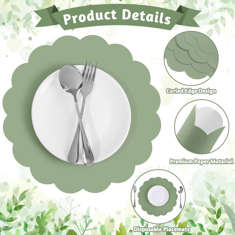 NatNarr 120 Pcs Sage Green Paper Placemats, 13.5 Inch Disposable Scalloped Placemat Round Table Place Mats, Thanksgiving Paper Placemats for Birthday Wedding Bridal Shower Baby Shower Banquet Tea Party - Image 3