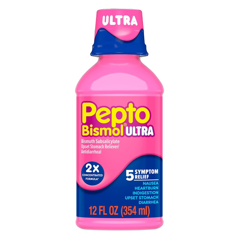 Pepto Bismol ULTRA Liquid, Upset Stomach Relief, Nausea Relief, Heartburn Relief, Indigestion Relief, Anti Diarrhea Medication for Adults - 5 Symptom Fast Relief, 12 oz (Packaging May Vary) - Image 1