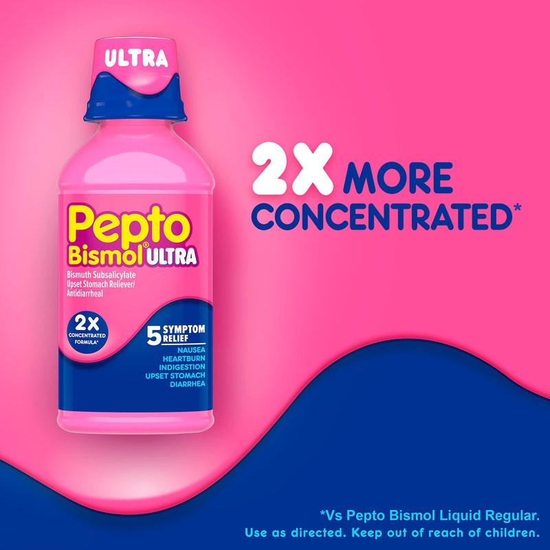 Pepto Bismol ULTRA Liquid, Upset Stomach Relief, Nausea Relief, Heartburn Relief, Indigestion Relief, Anti Diarrhea Medication for Adults - 5 Symptom Fast Relief, 12 oz (Packaging May Vary) - Image 4