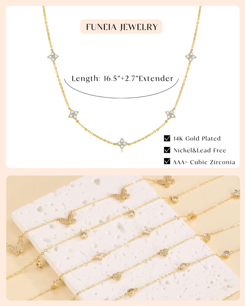 FUNEIA Dainty Silver Gold Necklaces for Women Trendy Non Tarnish 14K Gold Plated Cubic Zirconia Necklace Layered Cute Butterfly Heart Station Choker Necklace Stack for Wedding Prom Brides Jewelry - Image 5