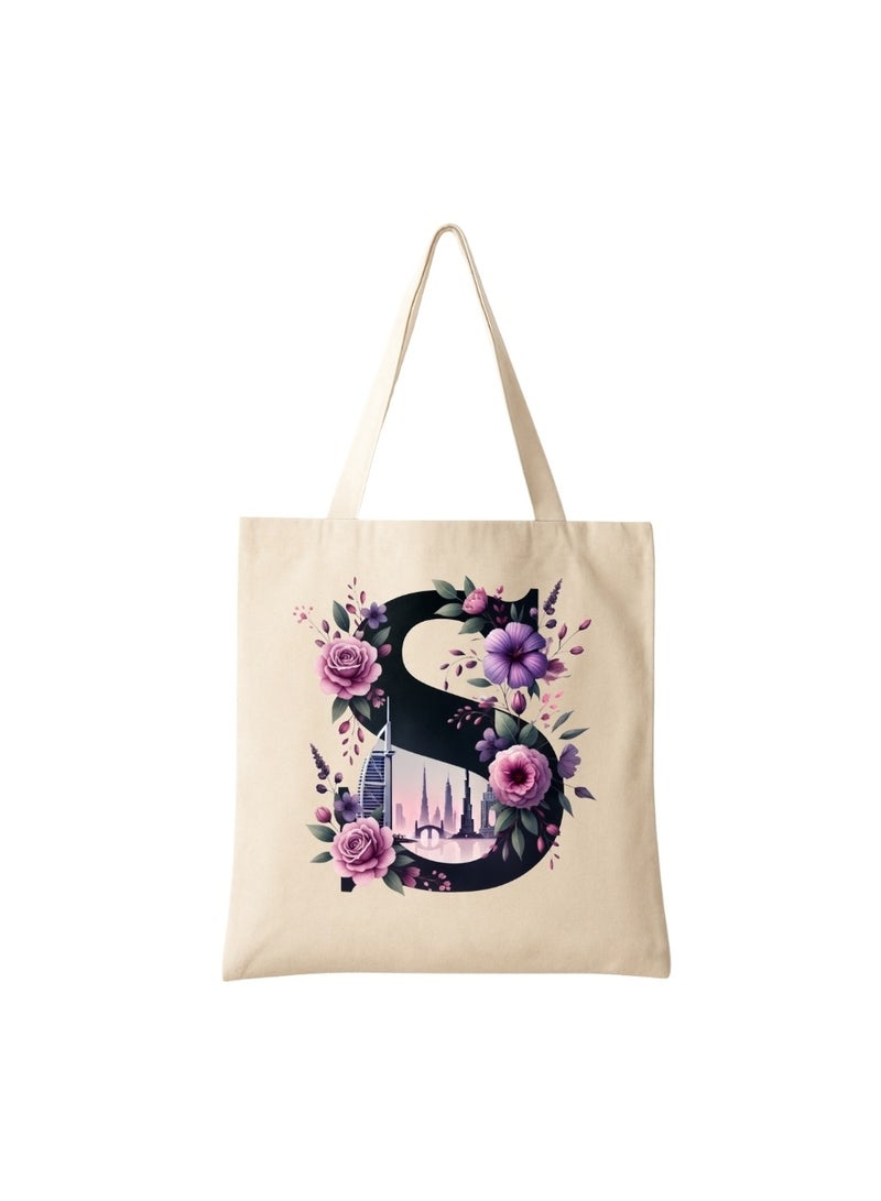 PRINTSHOP4ME Eco-Friendly Initial Tote Bag  – Canvas Shopping Bag With Floral & Dubai Skyline Print | Reusable Bridesmaid Gift,Wedding Favor,Everyday Carryall - Image 1