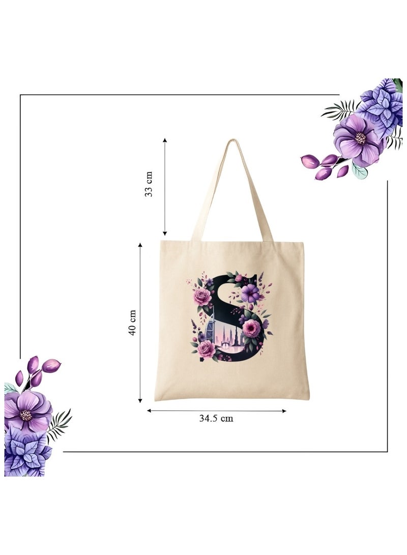 PRINTSHOP4ME Eco-Friendly Initial Tote Bag  – Canvas Shopping Bag With Floral & Dubai Skyline Print | Reusable Bridesmaid Gift,Wedding Favor,Everyday Carryall - Image 3