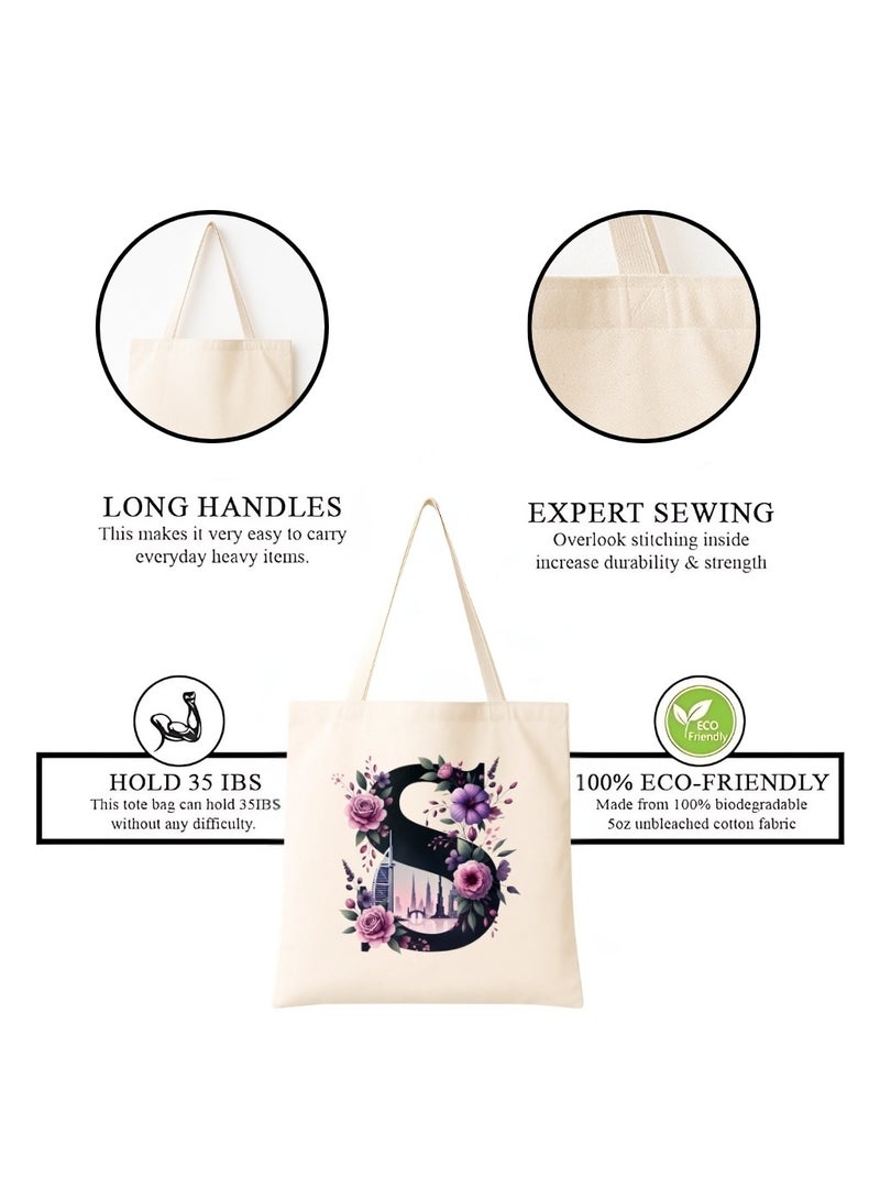 PRINTSHOP4ME Eco-Friendly Initial Tote Bag  – Canvas Shopping Bag With Floral & Dubai Skyline Print | Reusable Bridesmaid Gift,Wedding Favor,Everyday Carryall - Image 4
