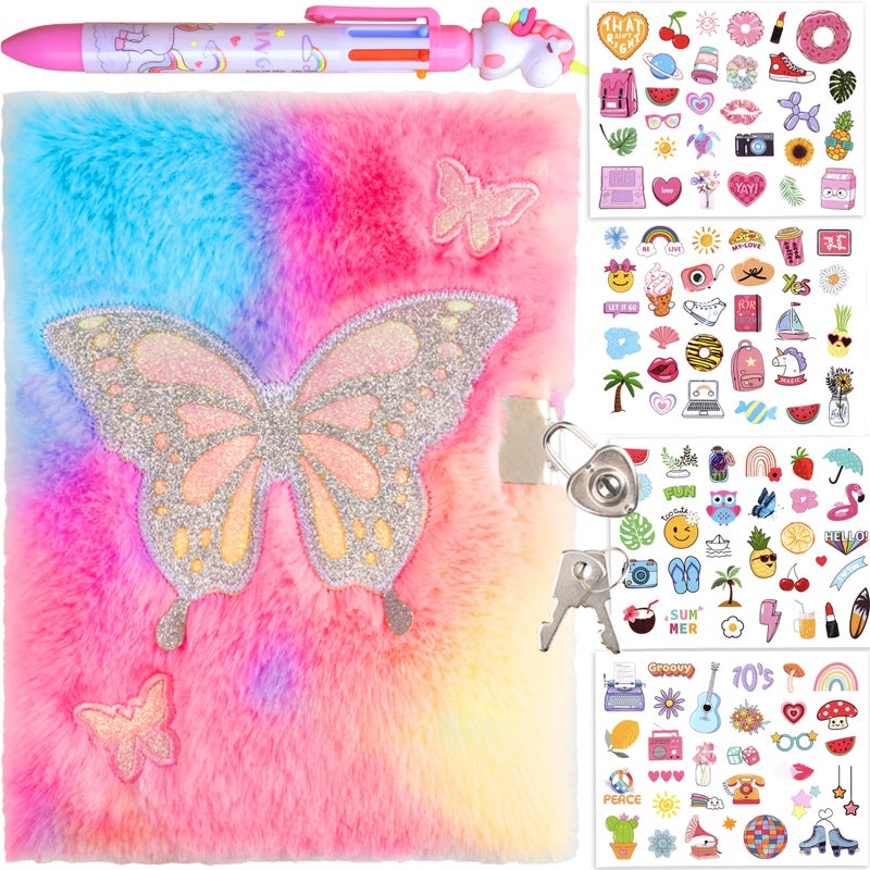 EABUY Diary for Girls with Lock and Keys, Journal School Travel Notebook Gift Set for Writing and Drawing,Multicolored Pen, Stickers, Birthday Gift for Girls (pink-butterfly) - Image 1