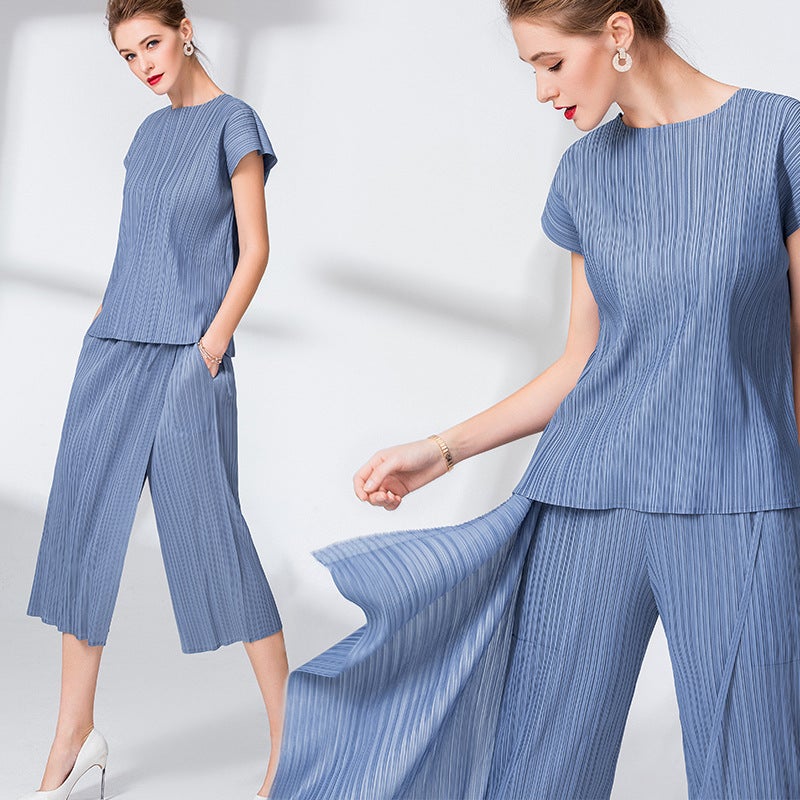 Pleated Wide-Leg Culottes Summer Casual Pants for Women Blue - Image 4