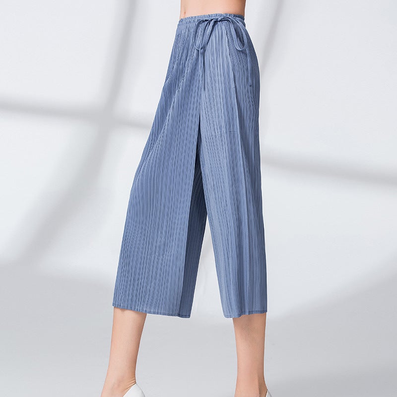 Pleated Wide-Leg Culottes Summer Casual Pants for Women Blue - Image 5