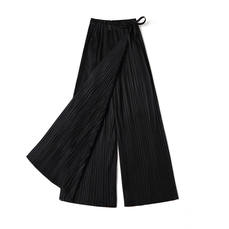 Pleated Wide-Leg Culottes Summer Casual Pants for Women Blue - Image 2