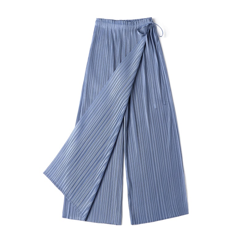 Pleated Wide-Leg Culottes Summer Casual Pants for Women Blue - Image 1