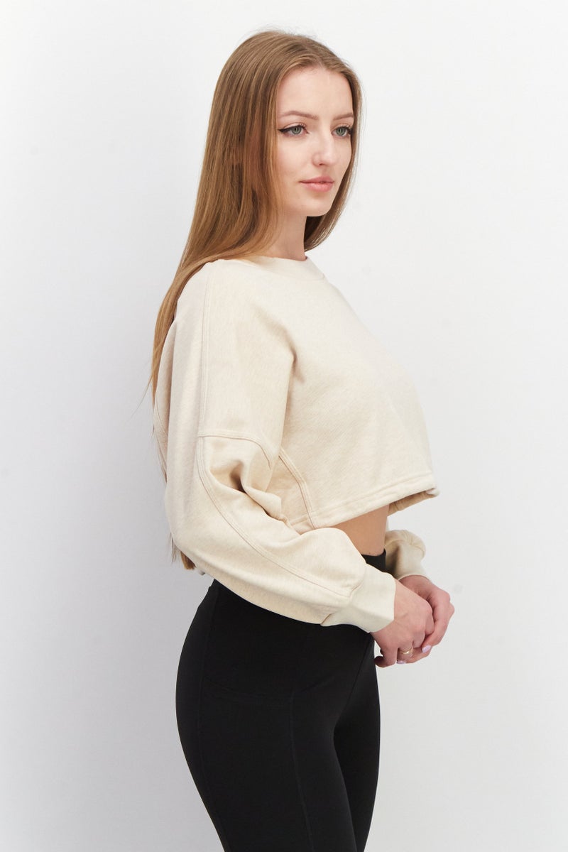 Adidas Women Sportswear Fit Long Sleeve Outdoor Crop Sweatshirts, Beige - Image 4