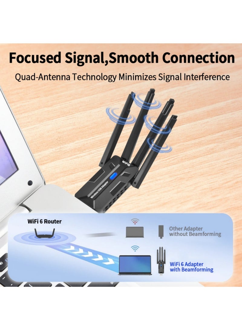 اووكاي محول واي فاي USB AX1800 لأجهزة الكمبيوتر المكتبية، دونجل واي فاي USB، أربعة نطاقات 5 جيجاهرتز (1201 ميجابت في الثانية) + 2.4 جيجاهرتز (600 ميجابت في الثانية)، MU-MIMO، تكوين الحزمة، تشفير WPA3، برنامج تشغيل مدمج، يدعم Windows 11/10 - Image 2