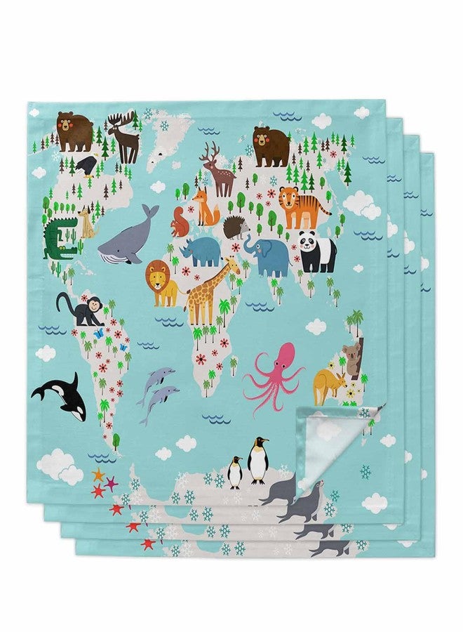 IDOWMAT Cloth Napkins Set of 4 - Animal Map of The World - Blue, Green, Pink - Polyester - 20"x20" - Image 1