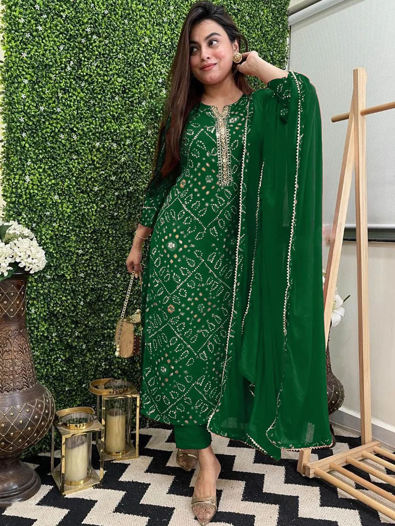 GoSriKi Women's Rayon Blend Straight Printed Kurta with Pant & Dupatta (TURAE Green-GS_3XL_Green_XXX-Large)