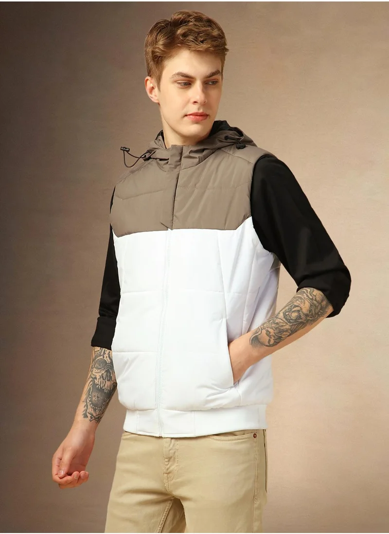 دينيس لينغو Men's White 100% Polyester Colour Blocked Regular Fit Jacket