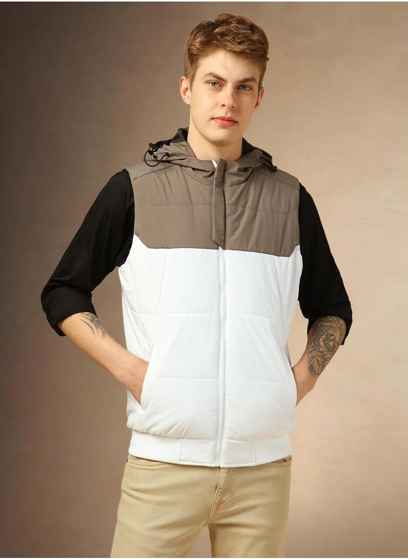 Dennis Lingo Men's White 100% Polyester Colour Blocked Regular Fit Jacket