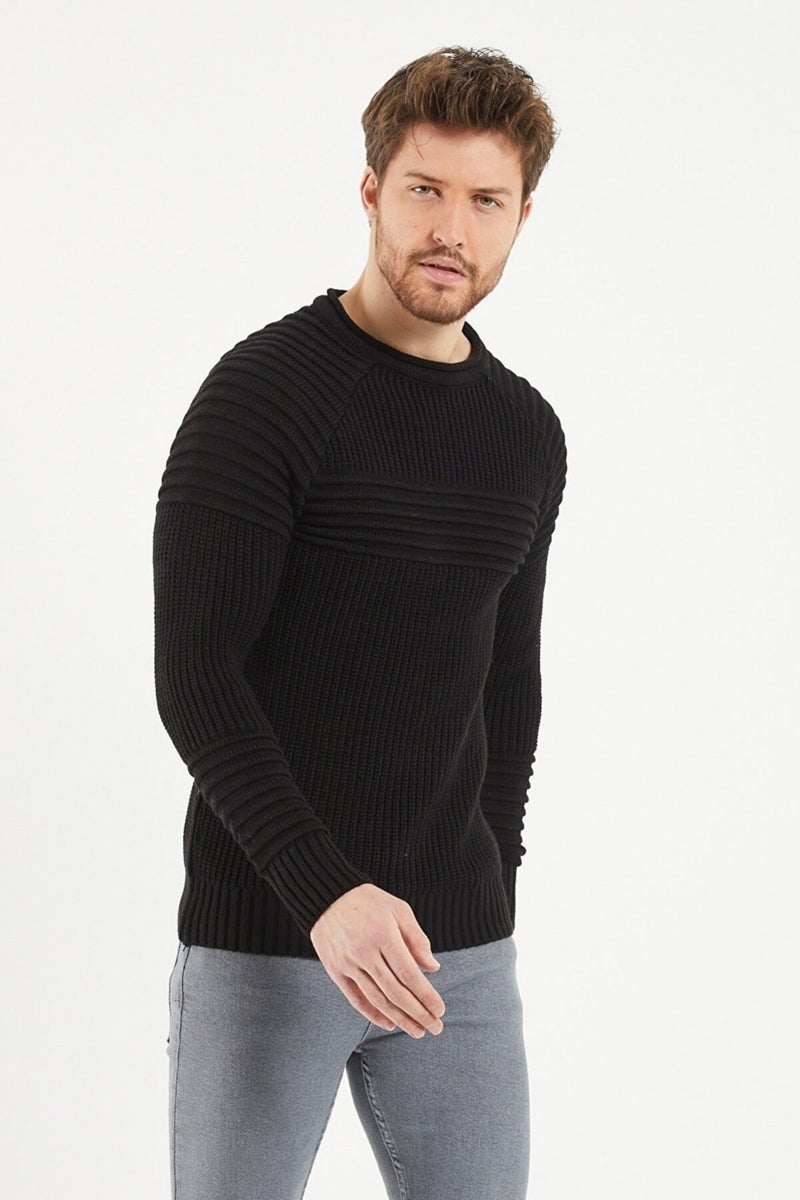 Cool Tarz Cool Style Men's Black Ribbed Crew Neck Knitwear Sweater  - Image 1