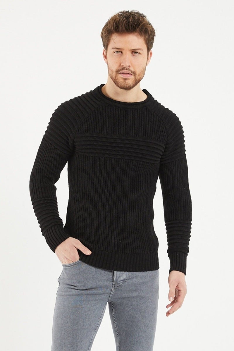Cool Tarz Cool Style Men's Black Ribbed Crew Neck Knitwear Sweater  - Image 2
