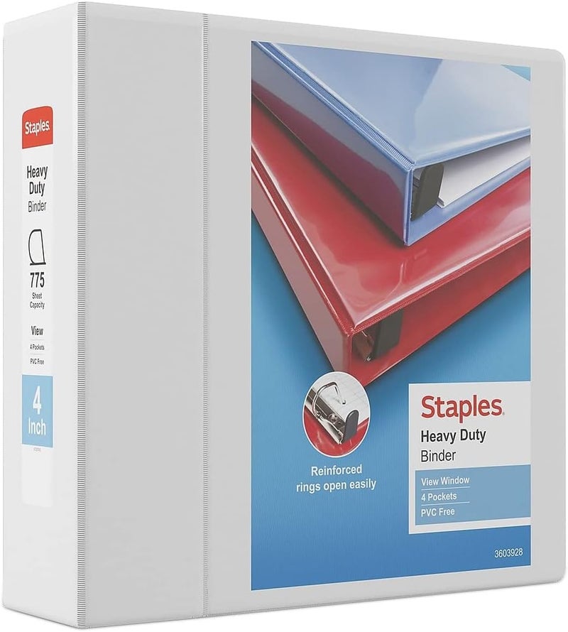 Staples Heavy Duty 4-Inch 3-Ring View Binder White - Image 1