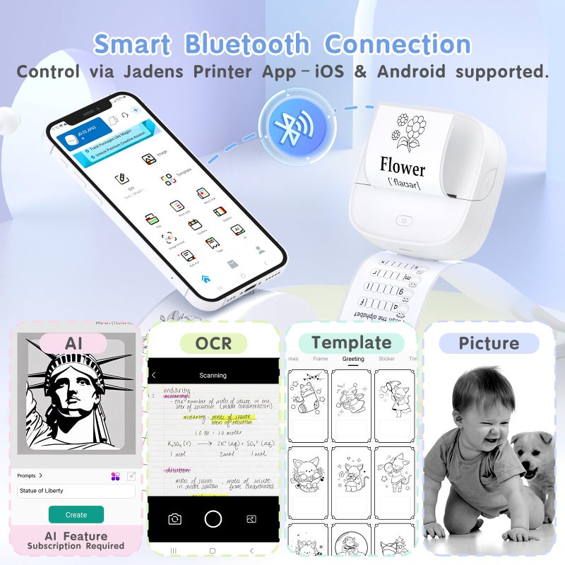 Gloryang JD-23 Sticker Printer, Mini Portable Thermal Printer Print Pod, Inkless Bluetooth Label Maker with Smart App for Phone & Tablet for Office & Home Use, 2 Rolls Sticker Paper, White - Image 2