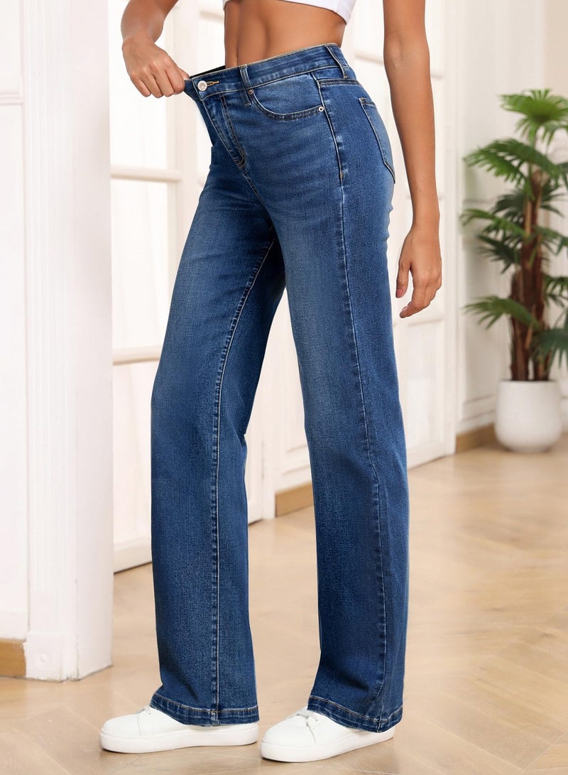 Sidefeel Women's Straight Leg Jeans High Waisted Stretchy Elastic Waist Trendy Wide Leg Denim Pants Dark Blue Size 14 - Image 3