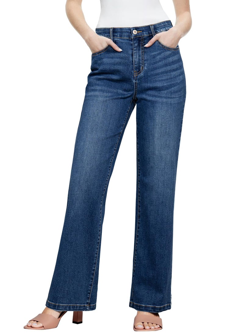 Sidefeel Women's Straight Leg Jeans High Waisted Stretchy Elastic Waist Trendy Wide Leg Denim Pants Dark Blue Size 14 - Image 1