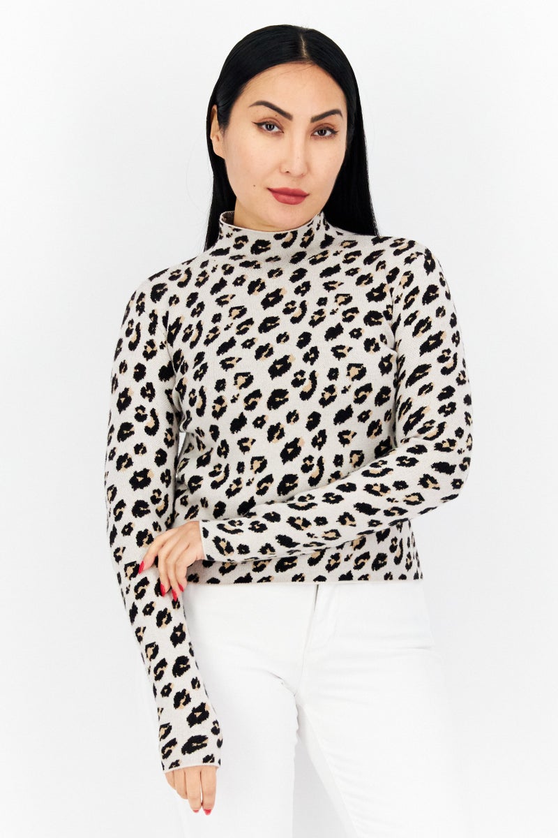 Stilosophy Industry Women Mock Neck Long Sleeve Animal Print Sweater, Beige - Image 1