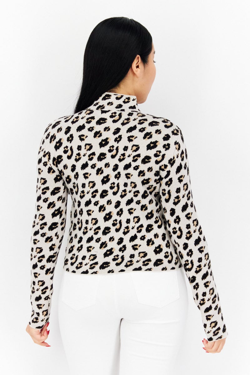 Stilosophy Industry Women Mock Neck Long Sleeve Animal Print Sweater, Beige - Image 3