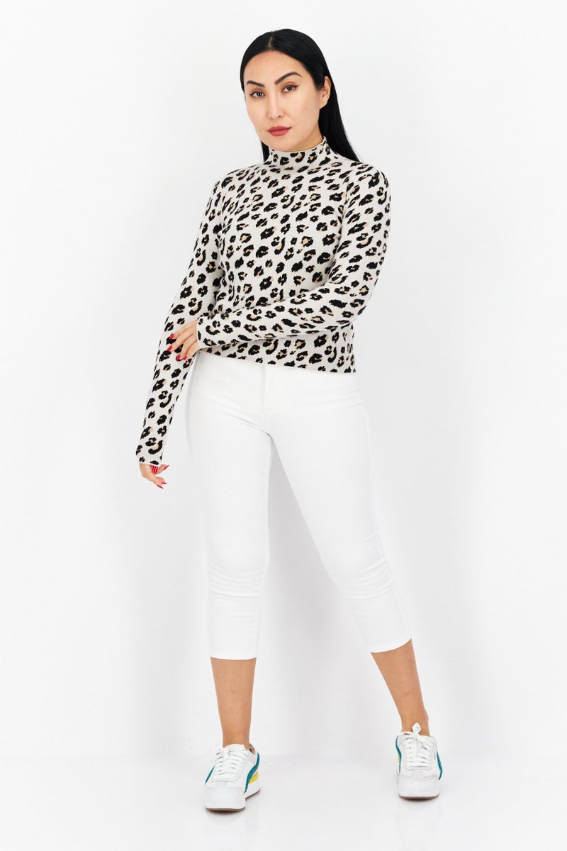 Stilosophy Industry Women Mock Neck Long Sleeve Animal Print Sweater, Beige - Image 2