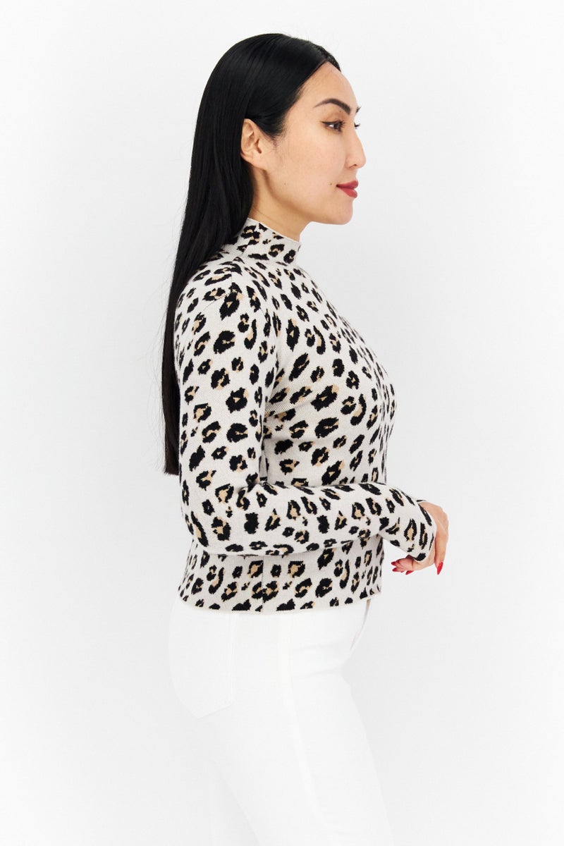 Stilosophy Industry Women Mock Neck Long Sleeve Animal Print Sweater, Beige - Image 4