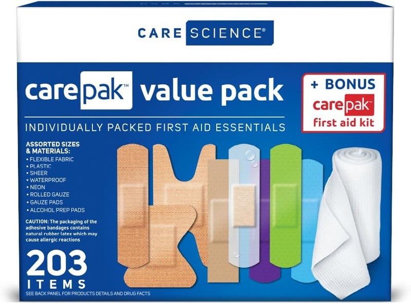 Care Science باقة متنوعة من Care Science CarePak 203 قطعة تشمل لاصقات بلاستيكية شفافة مقاومة للماء ومجموعة إسعافات أولية حماية قابلة للتنفس للاستخدام على الجروح والخدوش والحروق - Image 1