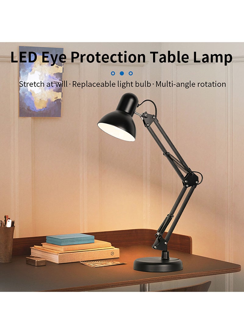 Vintage Industrial Desk Lamp with Adjustable Clamp & Base - 360° Flexible Arm, 3 Color Modes, Eye-Caring LED Light for Office/Study (E27 Bulb, Black)