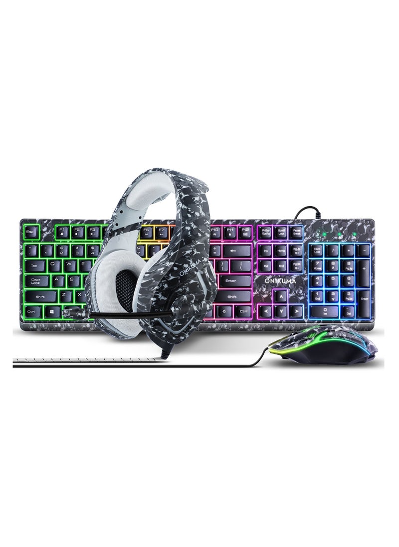 أونيكوما - ماوس لوحة مفاتيح ألعاب 3 في 1 مع سماعة رأس ، RGB   ضوء الألعاب سماعة لوحة المفاتيح الفئران لألعاب الكمبيوتر التمويه رمادي - Image 1