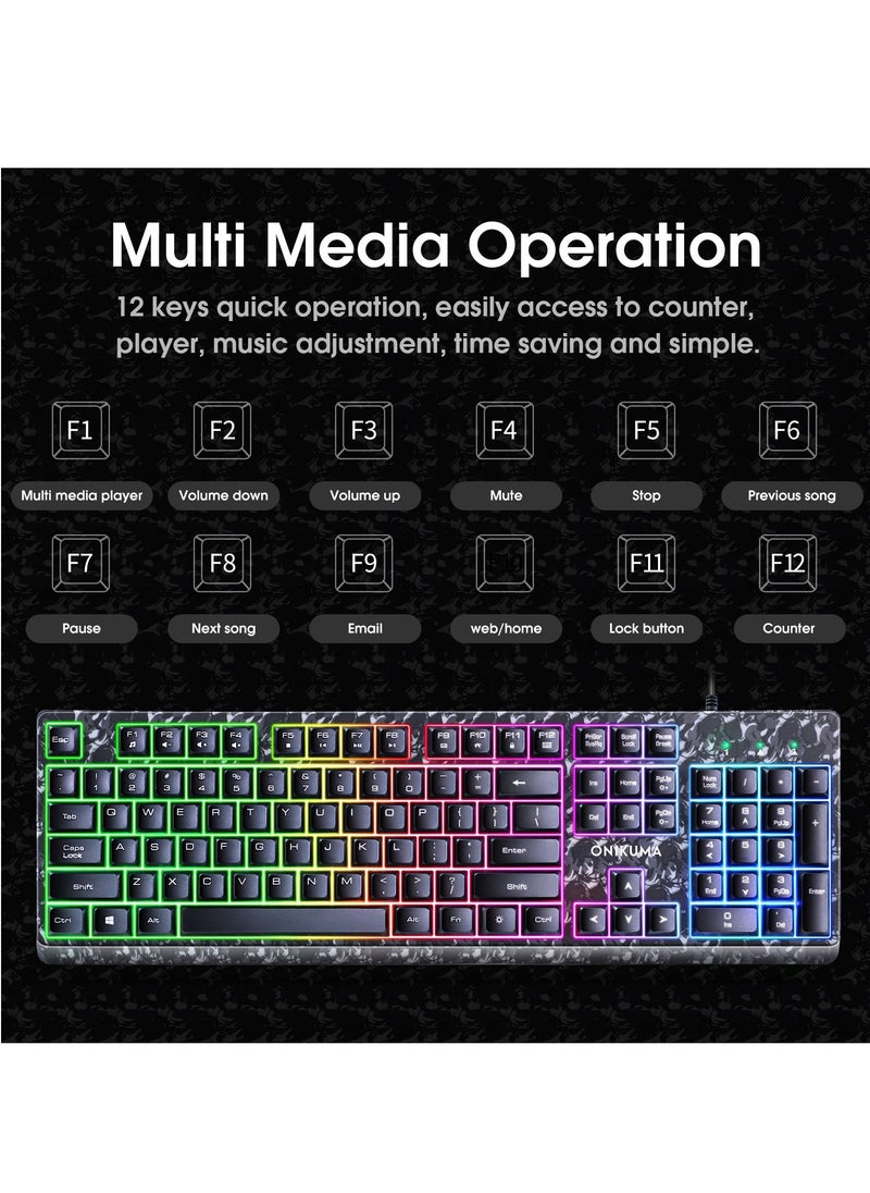 أونيكوما - ماوس لوحة مفاتيح ألعاب 3 في 1 مع سماعة رأس ، RGB   ضوء الألعاب سماعة لوحة المفاتيح الفئران لألعاب الكمبيوتر التمويه رمادي - Image 1