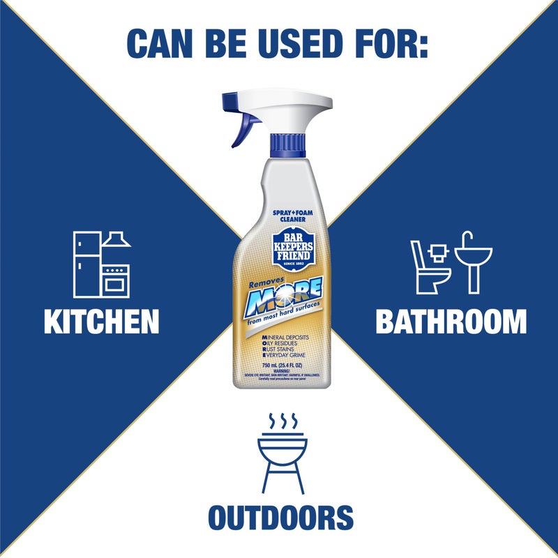 Bar Keepers Friend MORE Spray + Foam Multipurpose Cleaner (2 x 25.4 oz), Stain & Rust Remover for Bathroom, Kitchen & Outdoor Use on Stainless Steel, Aluminum, Brass, Tile, Ceramic, Porcelain & More - Image 4