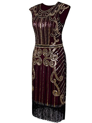 Vijiv Womens 1920s Elegant Dresses with Sleeves Beaded Great Gatsby Flapper Dress for Party Gold Red,XX-Large - Image 2