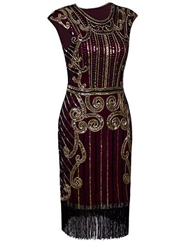 Vijiv Womens 1920s Elegant Dresses with Sleeves Beaded Great Gatsby Flapper Dress for Party Gold Red,XX-Large - Image 3