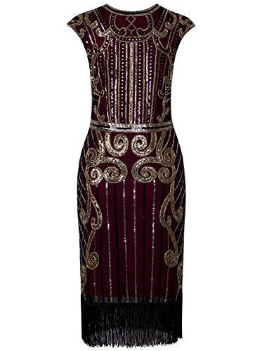 Vijiv Womens 1920s Elegant Dresses with Sleeves Beaded Great Gatsby Flapper Dress for Party Gold Red,XX-Large - Image 4