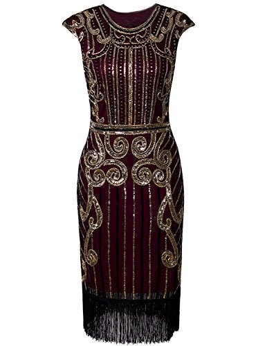 Vijiv Womens 1920s Elegant Dresses with Sleeves Beaded Great Gatsby Flapper Dress for Party Gold Red,XX-Large - Image 1