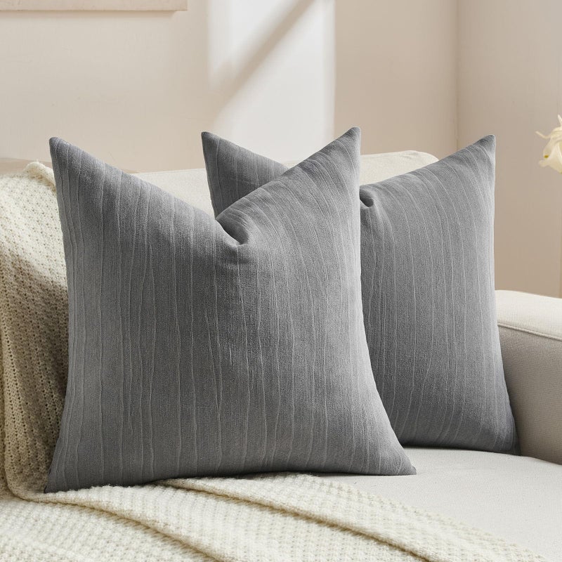 FUTEI Dark Grey Chenille Decorative Throw Pillow Covers 18x18 Inch Set of 2,Soft Crushed Striped Texture Cushion Case,Modern Home Decor for Couch Bed Living Room - Image 1