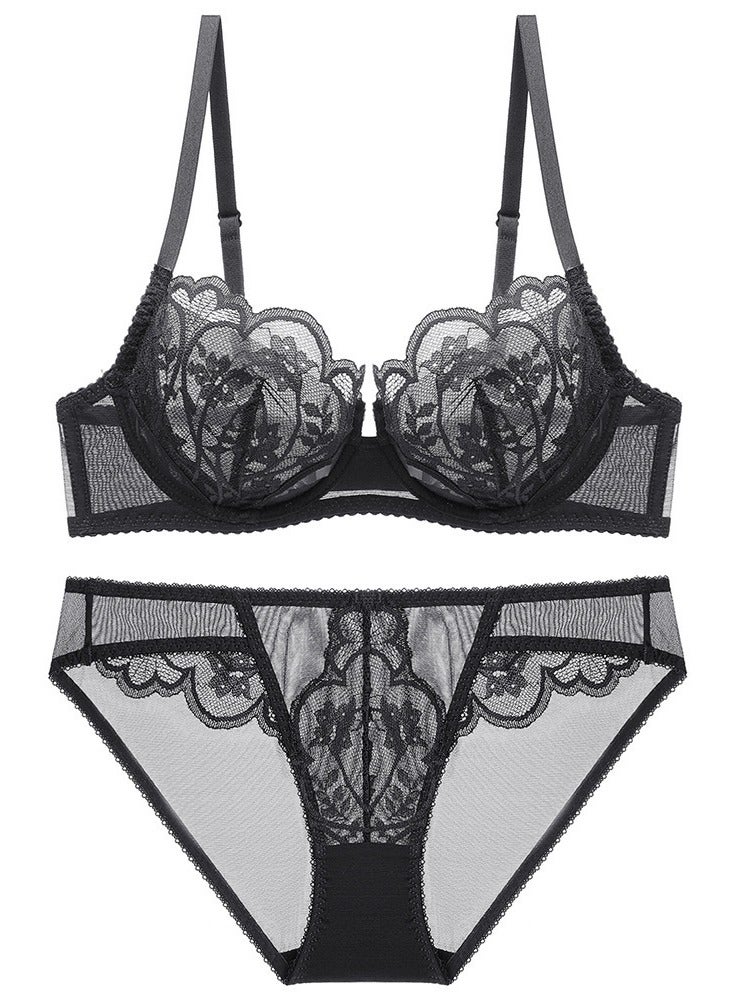Loquat Breathable Solid Color Ultra Thin Cup Lace Bra And Panty Set Black 