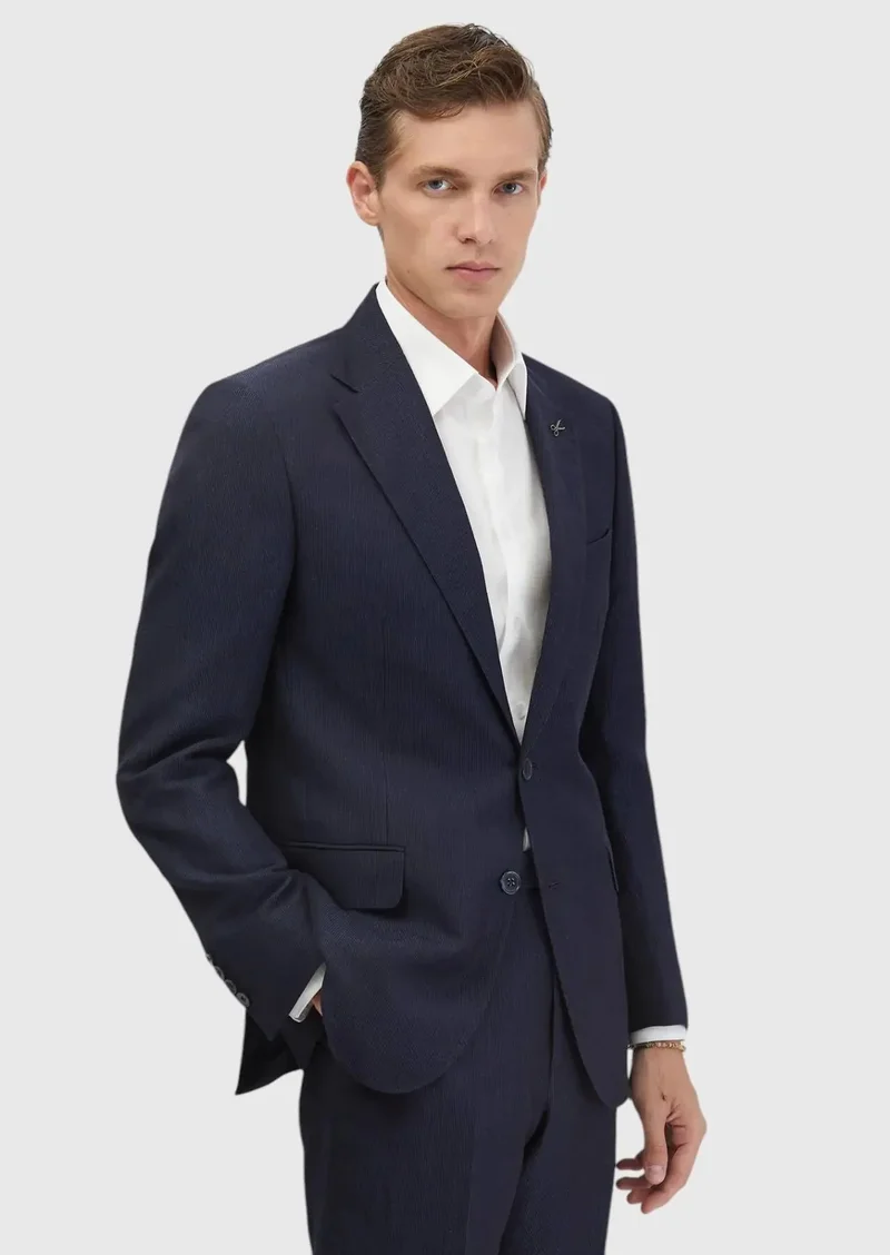 رامسي بدلة من مزيج الصوف مخططة باللون النيلي، خفيفة الوزن، بقصة ضيقة