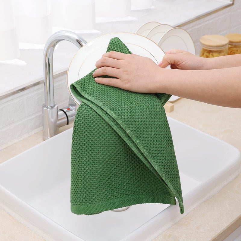 Homaxy 100% Cotton Waffle Weave Kitchen Dish Towels  Ultra Soft Absorbent Quick Drying Cleaning Towel  13 x 28 Inches  4-Pack  Grass Green - Image 4