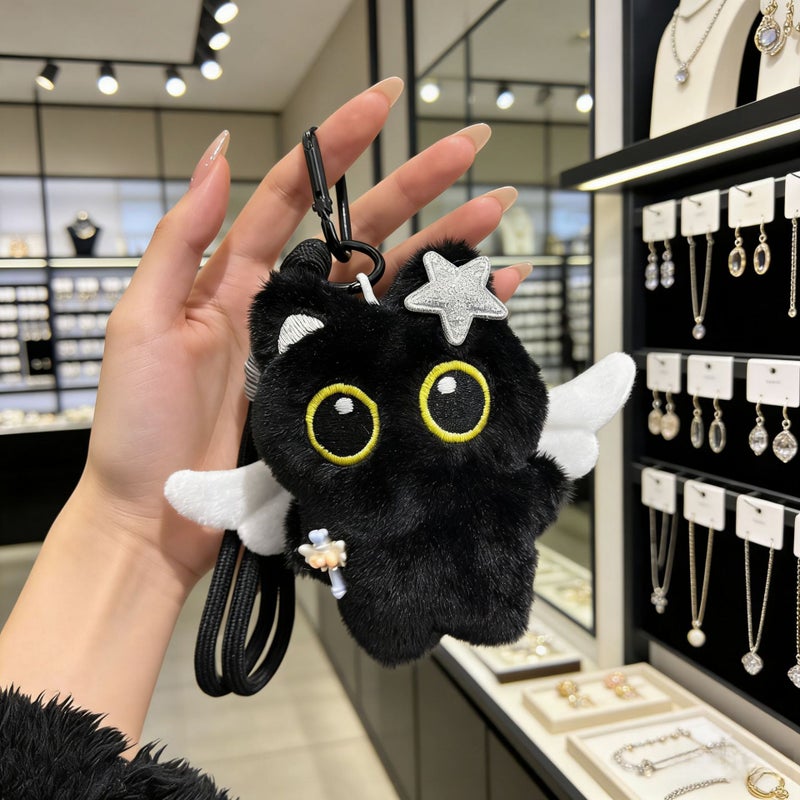 Black Cat Angel Fairy Plush Pendant with Ghost Wings - Image 1