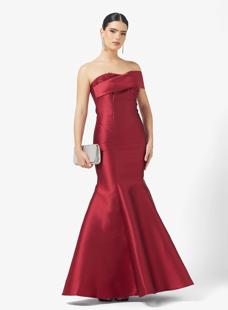 Namshi x Off Shoulder Jewel Embellished Mermaid Gown - Image 1