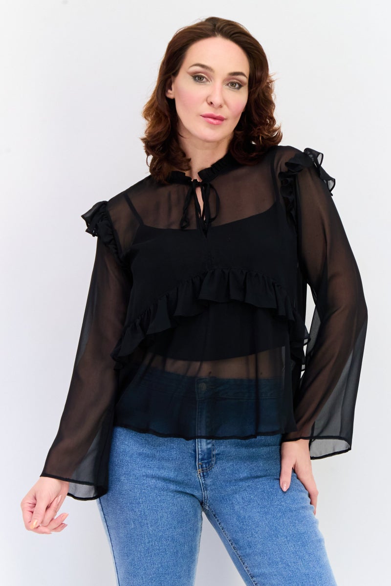 KOTON Women Tie Neck Long Sleeves Solid Blouse, Black - Image 1