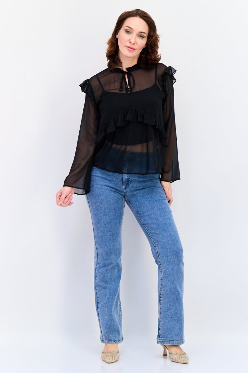 KOTON Women Tie Neck Long Sleeves Solid Blouse, Black - Image 4