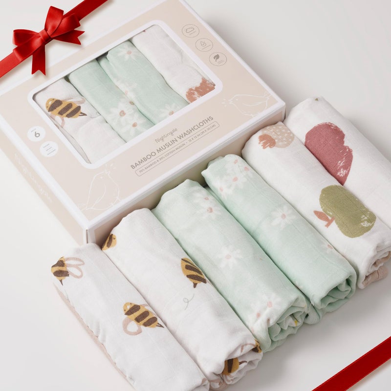 Nightingale Baby Washcloths Organic Cotton Muslin with Rayon Made from Bamboo  Soft Burp Cloths for Newborn Sensitive Skin  12x12 Face or Baby Towel  Bath Baby Essentials  6 Pack Bee