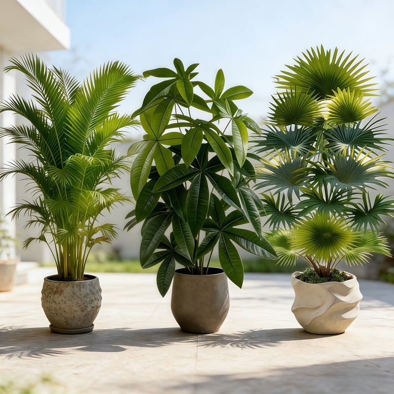 3 Piece Large Artificial Money Tree Areca Palm Fan Palm Set Modern Wedding Garden Decor Maintenance Free Evergreen Wealth Tree Dual Tropical Charm Hassle Free Care Perfect For Holiday Decor New Year Valentine Day - Image 1