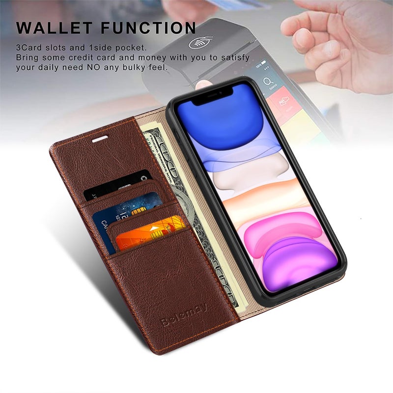 Belemay Compatible with iPhone 15 Pro Max Case Wallet-Genuine Leather-RFID Blocking Card Holders-Shockproof TPU Shell-Kickstand-Durable Flip Cover Book Folding Phone Case Women Men (6.7-inch) Brown - Image 4